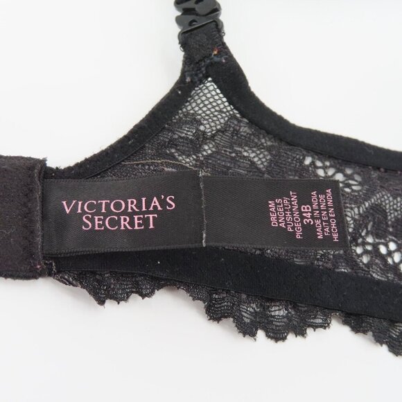 Victorias Secret 34B Dream Angels Push Up Black Lace Trim Bra Underwire Padded - Picture 10 of 14
